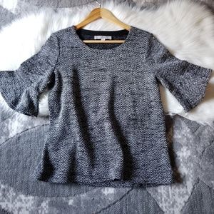 LOFT CREW NECK BELL SLEEVE TWEED BLOUSE